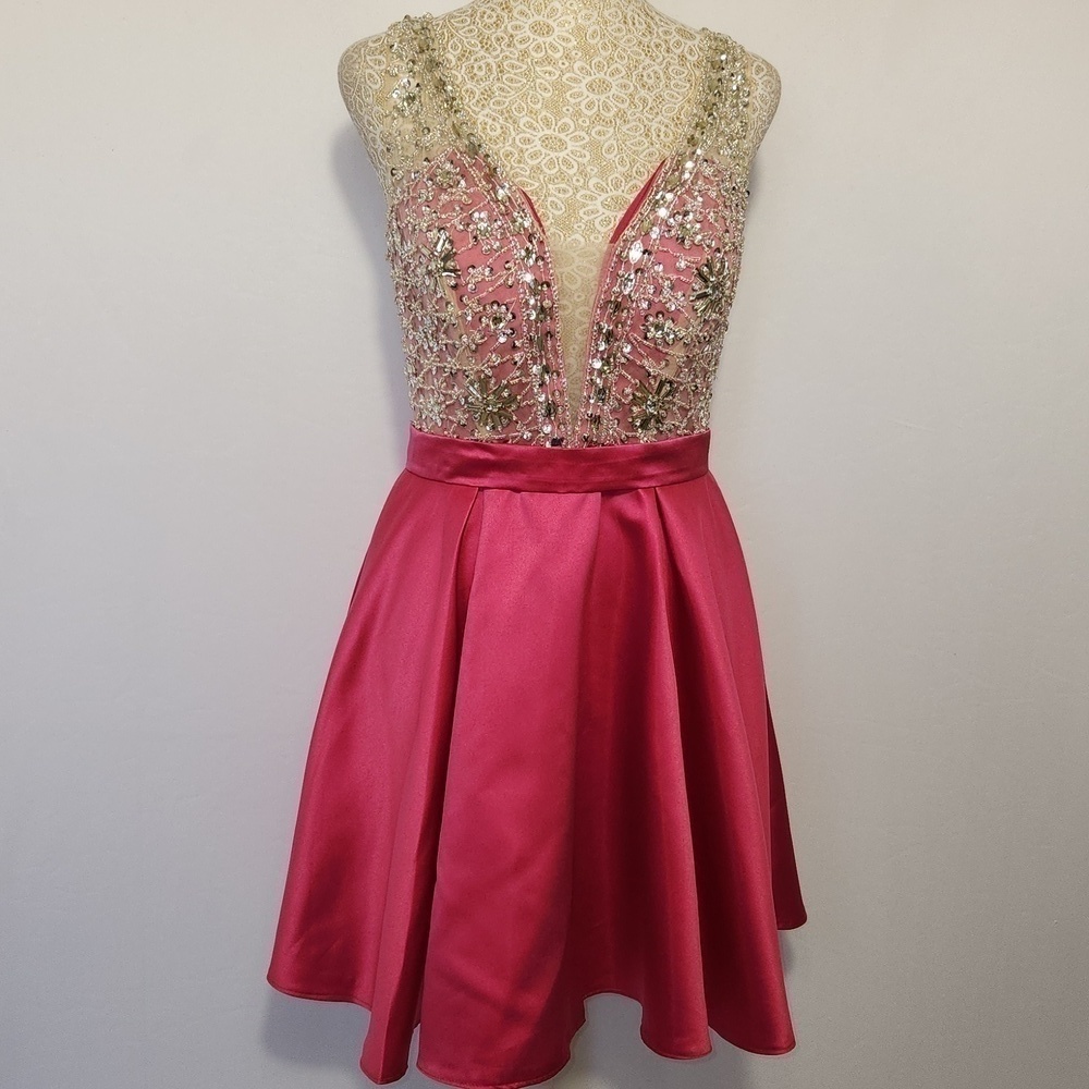 Hebeos Size S  A-Line Princess Satin Beading V-Neck Sleeveless Mini Party Dress